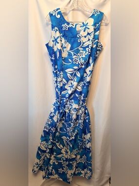 Vintage Pomare‎ Hawaii Women’s Size 14 Tie Front Maxi Dress Blue White Tropical